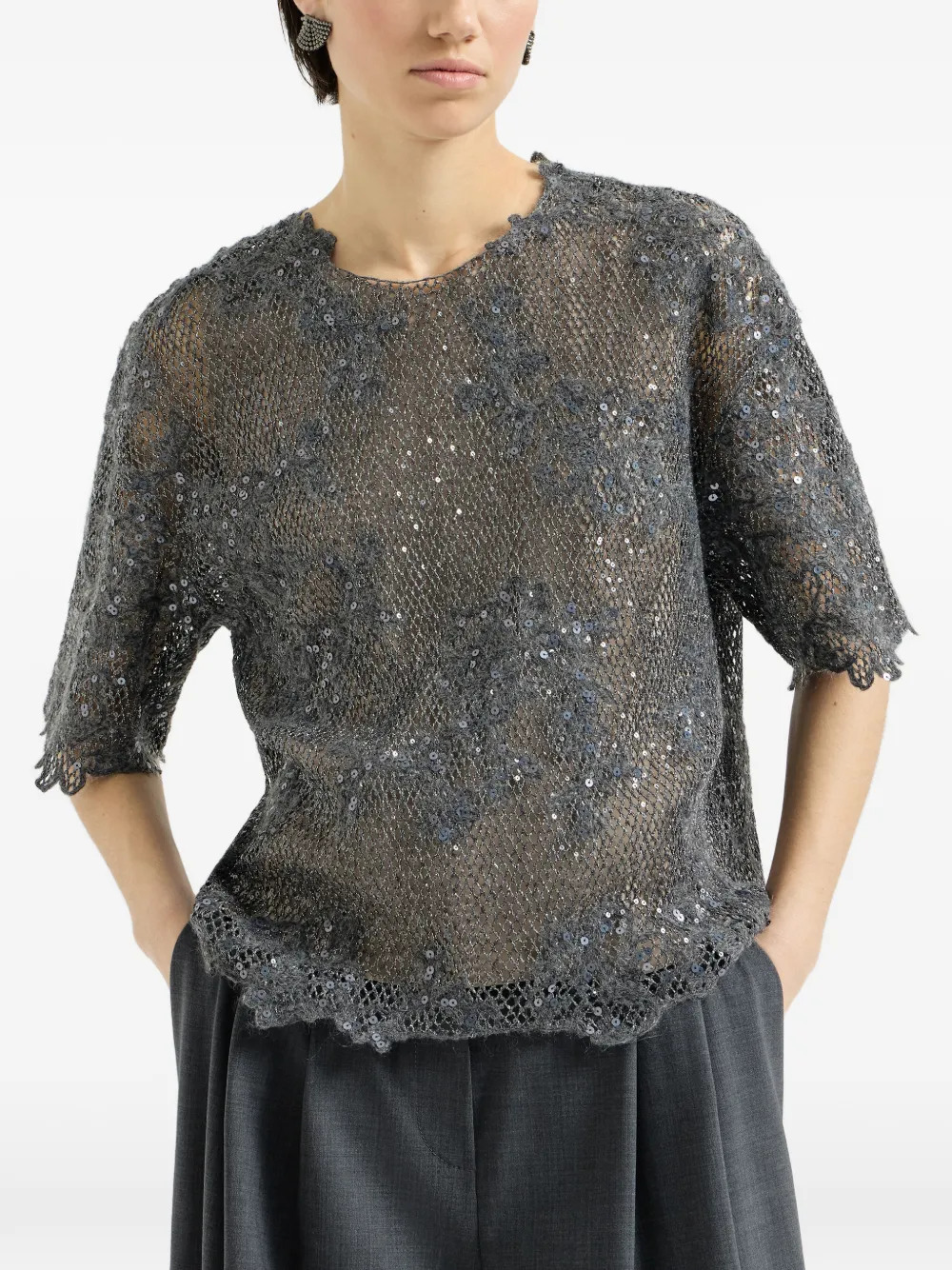Brunello Cucinelli Mohair en wollen T-shirt met geborduurd kant Grijs