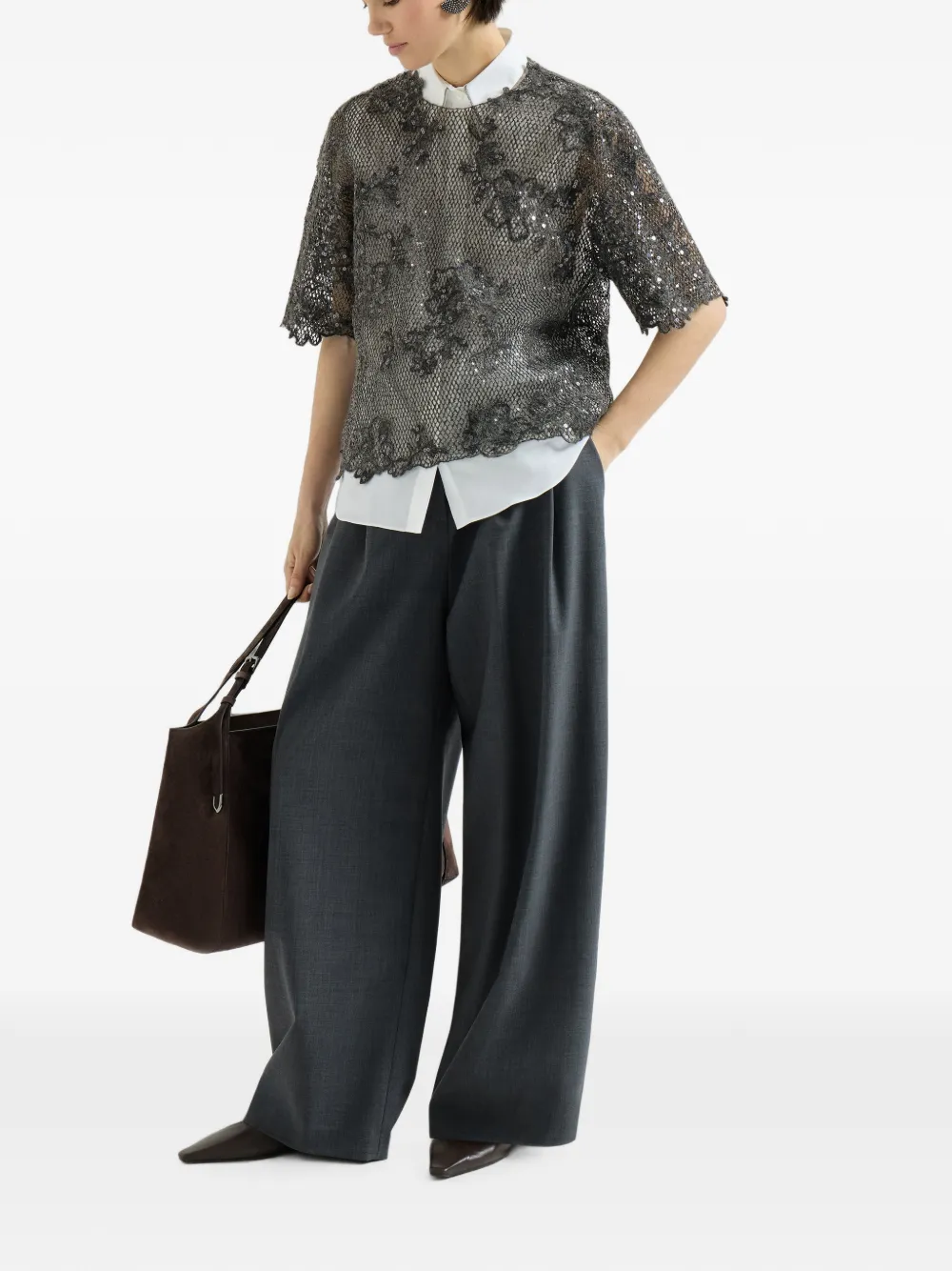 Brunello Cucinelli Mohair en wollen T-shirt met geborduurd kant Grijs