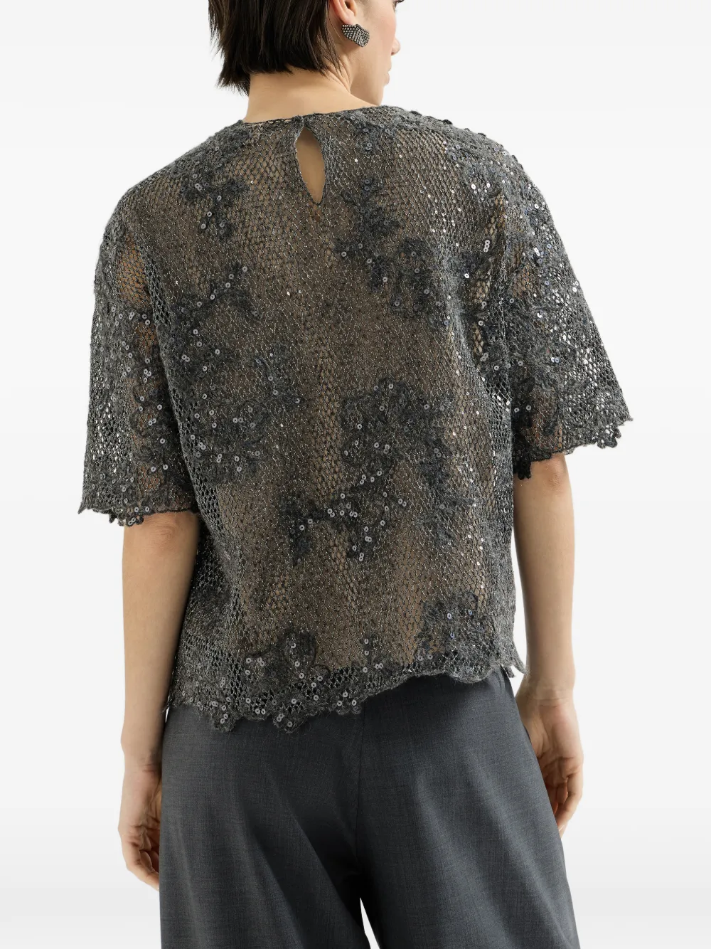 Brunello Cucinelli Mohair en wollen T-shirt met geborduurd kant Grijs