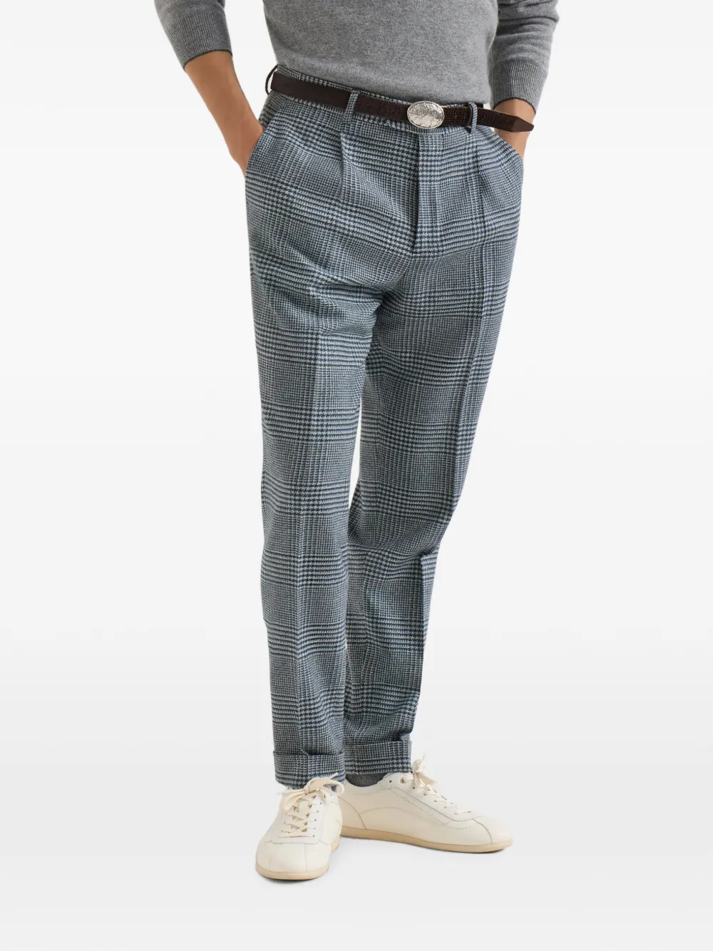 Brunello Cucinelli Prince of Wales flanellen broek met plooien Blauw