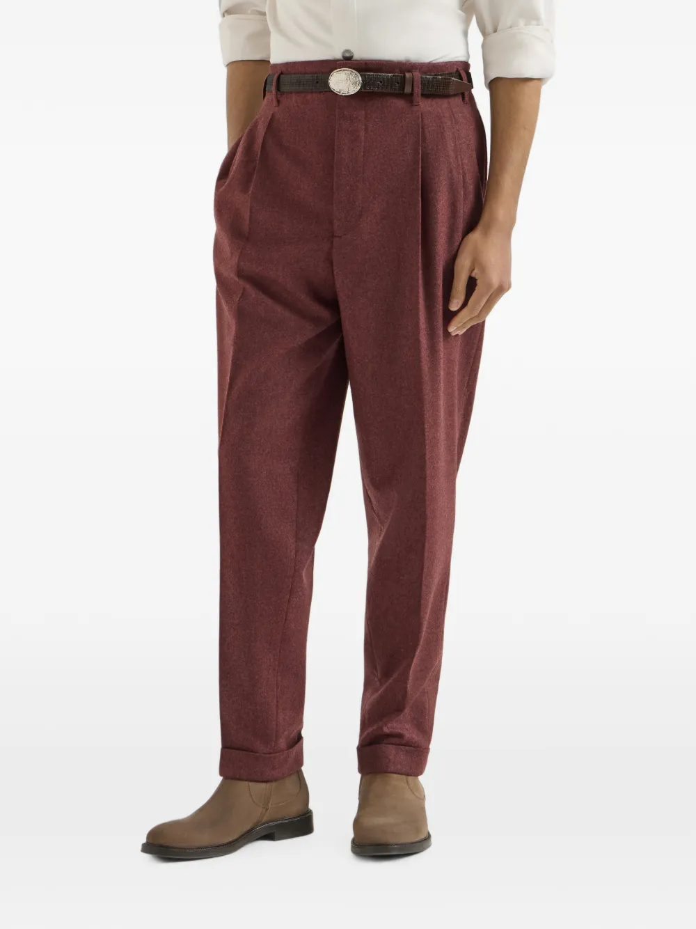 Brunello Cucinelli Flanellen en kasjmier broek met dubbele plooien en scheerwol Rood