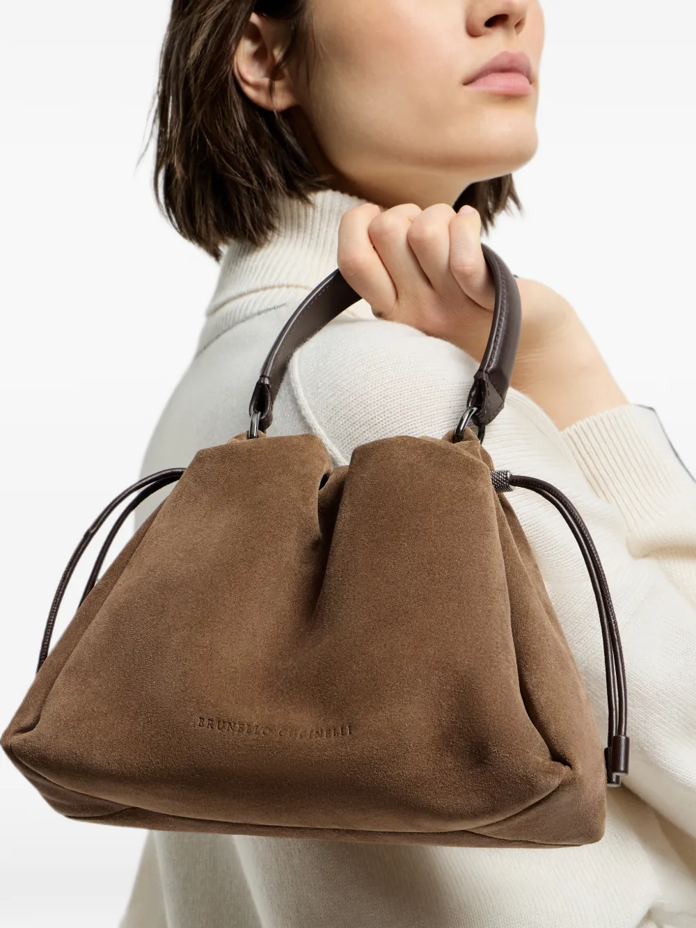 Brunello Cucinelli Mellow kleine bucket-tas van suède met monili Bruin
