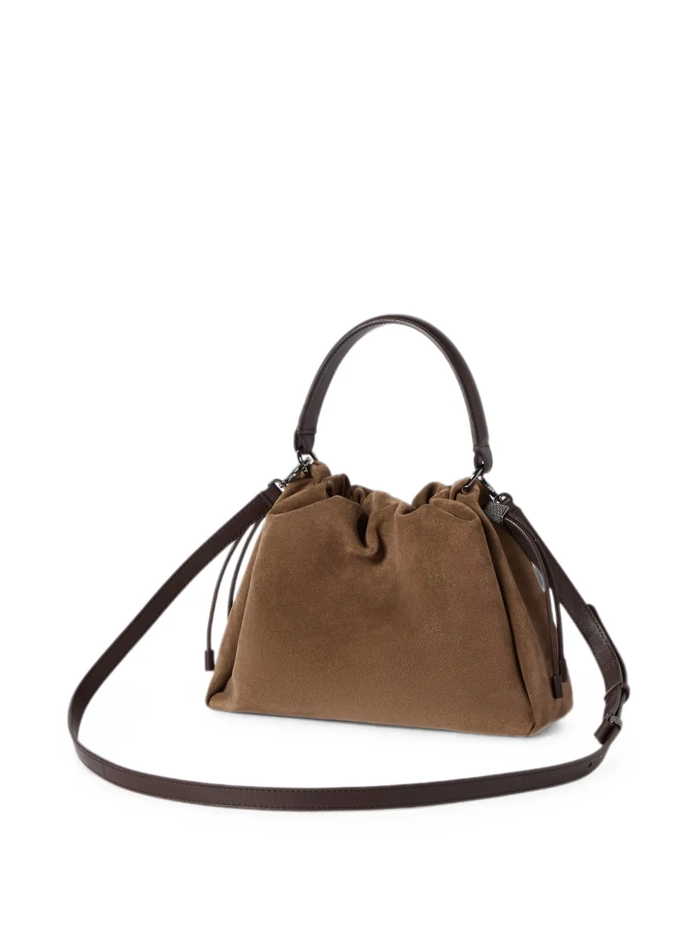 Brunello Cucinelli Mellow kleine bucket-tas van suède met monili Bruin