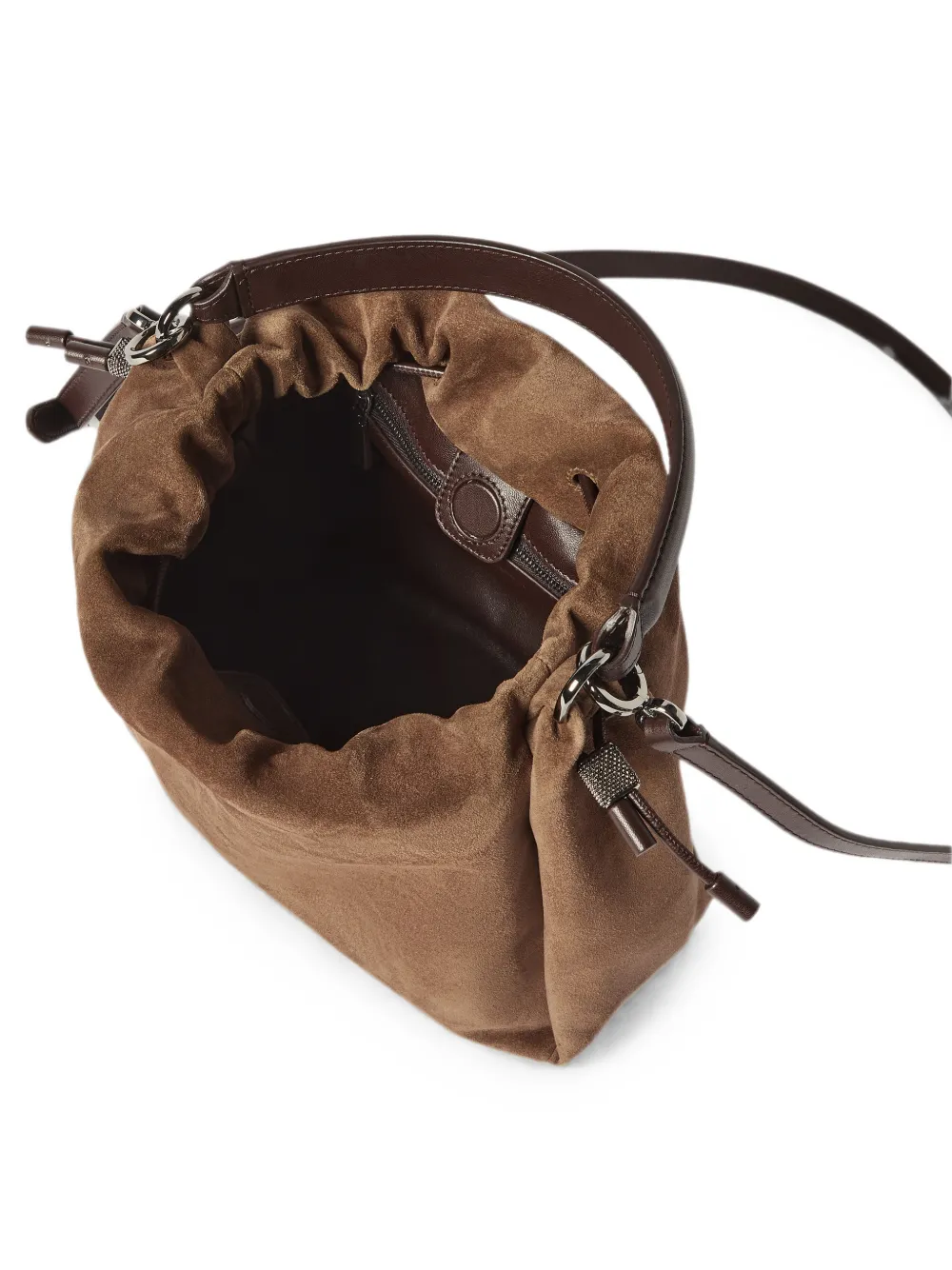 Brunello Cucinelli Mellow kleine bucket-tas van suède met monili Bruin