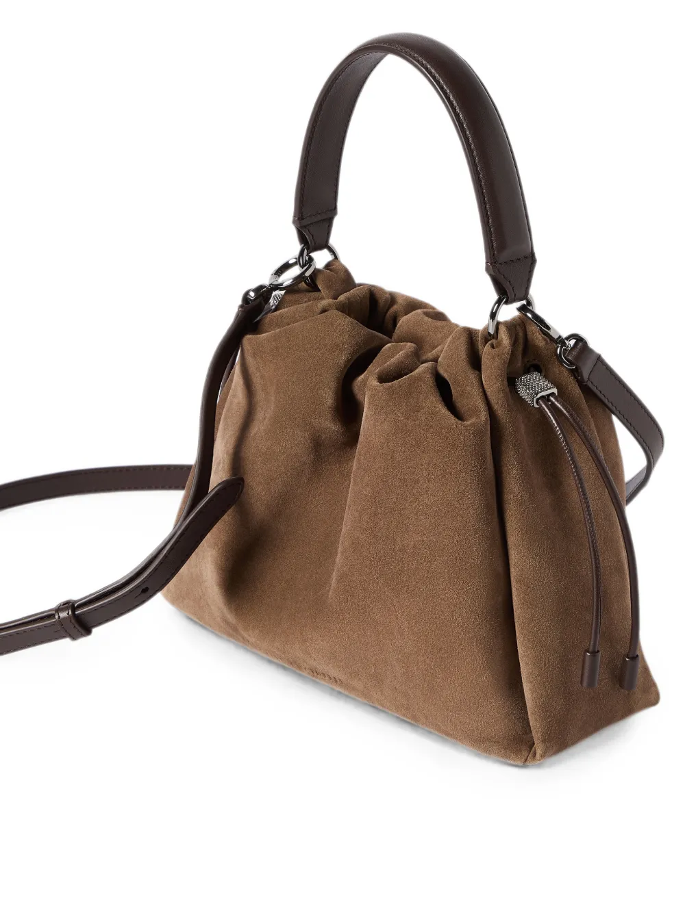 Brunello Cucinelli Mellow kleine bucket-tas van suède met monili Bruin
