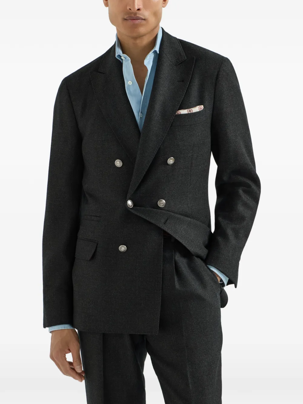 Brunello Cucinelli Mouliné scheerwol twill gedeconstrueerde blazer met anderhalve rij knopen Grijs