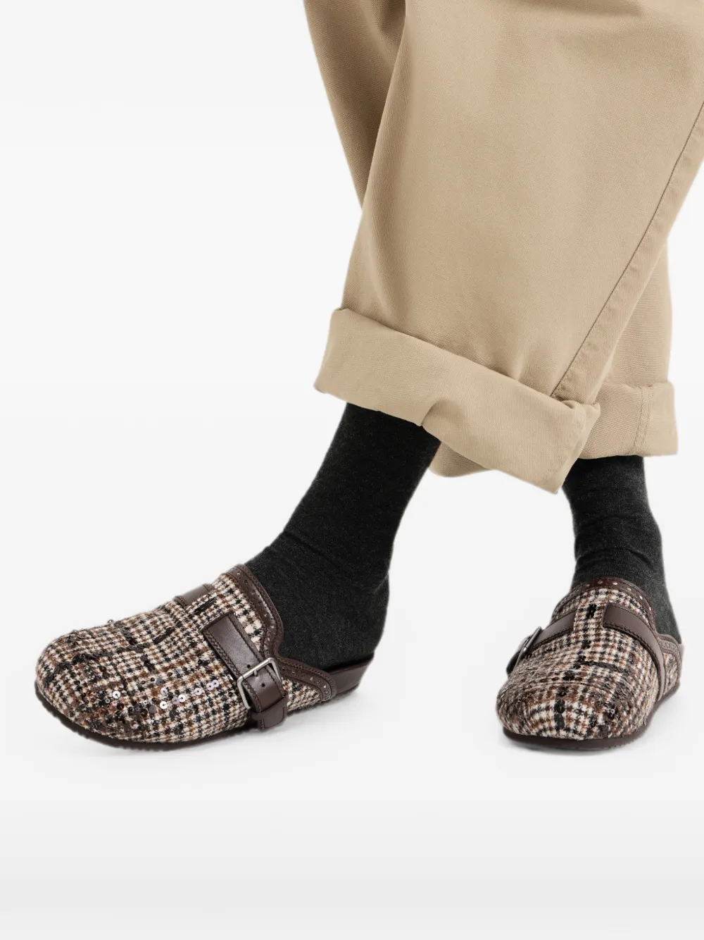 Brunello Cucinelli Waterbestendige alpaca en wollen geruite slippers met dégradé borduurwerk Bruin