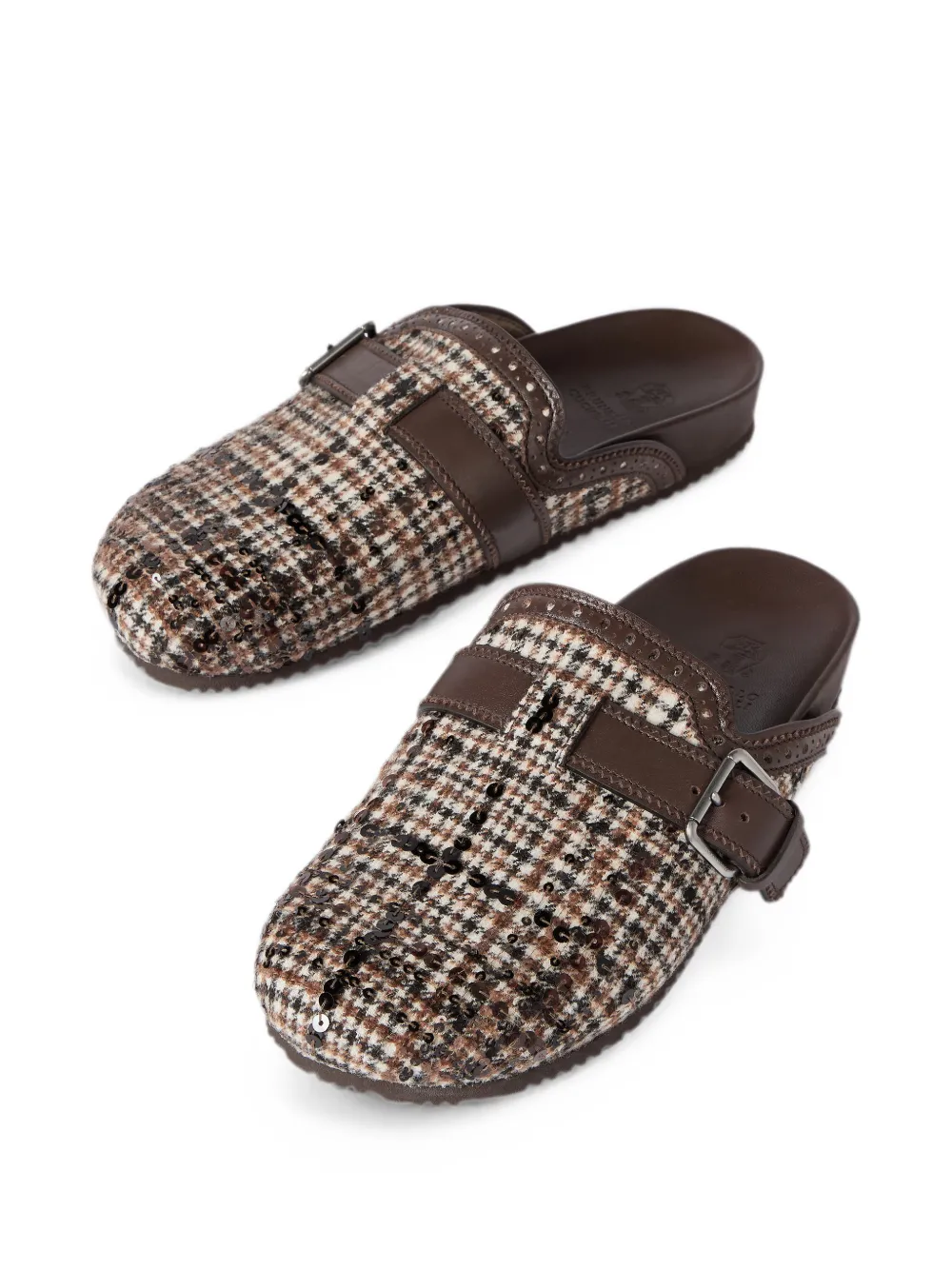 Brunello Cucinelli Waterbestendige alpaca en wollen geruite slippers met dégradé borduurwerk Bruin