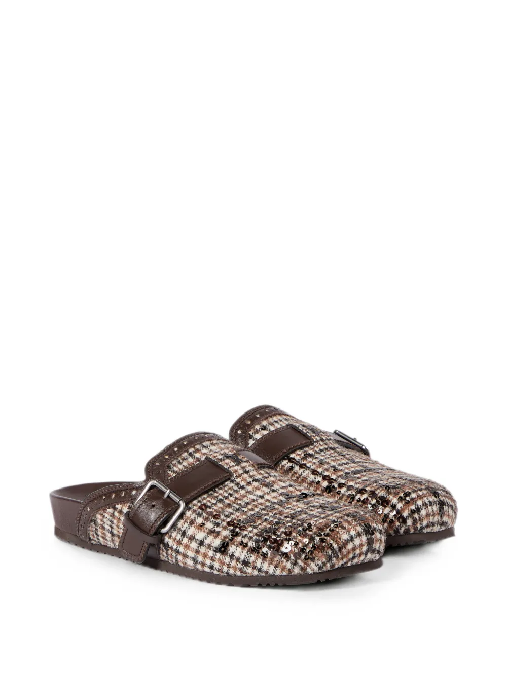 Brunello Cucinelli Waterbestendige alpaca en wollen geruite slippers met dégradé borduurwerk Bruin