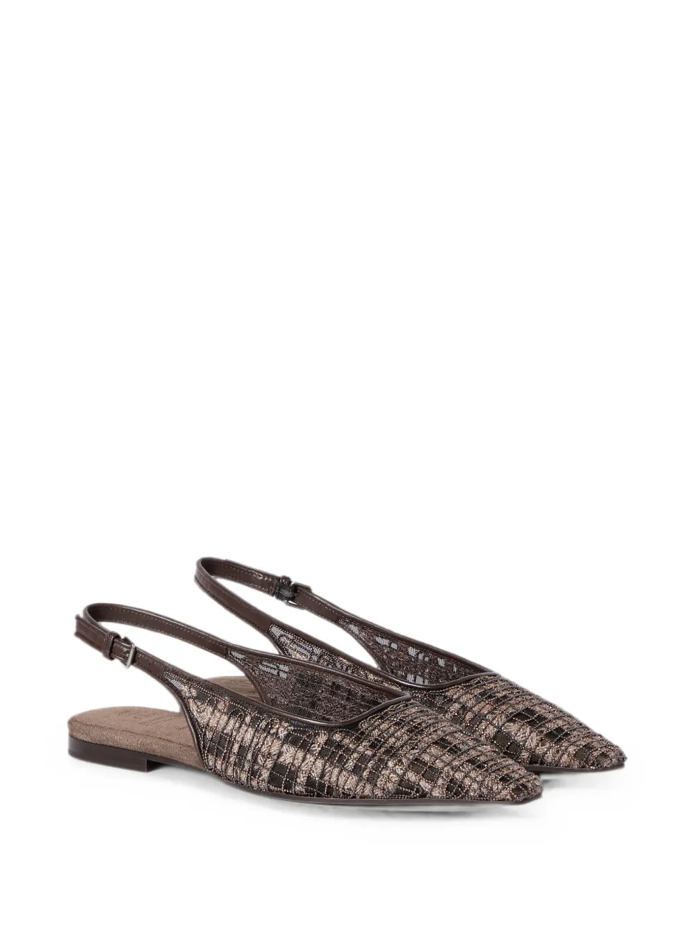 Brunello Cucinelli precious check embroidery slingback flats in suede Bruin