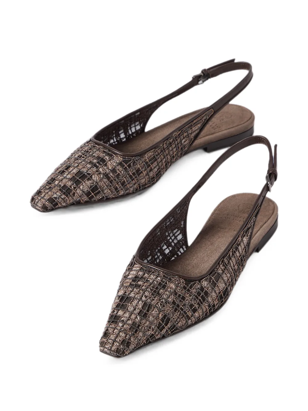 Brunello Cucinelli precious check embroidery slingback flats in suede Bruin