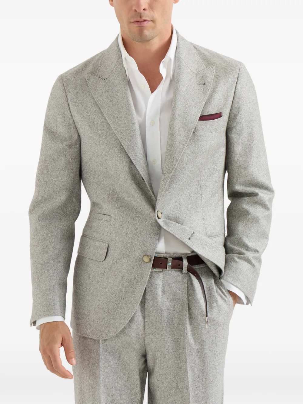 Brunello Cucinelli silk and cashmere cavalry tweed deconstructed blazer with large peak lapels Grijs