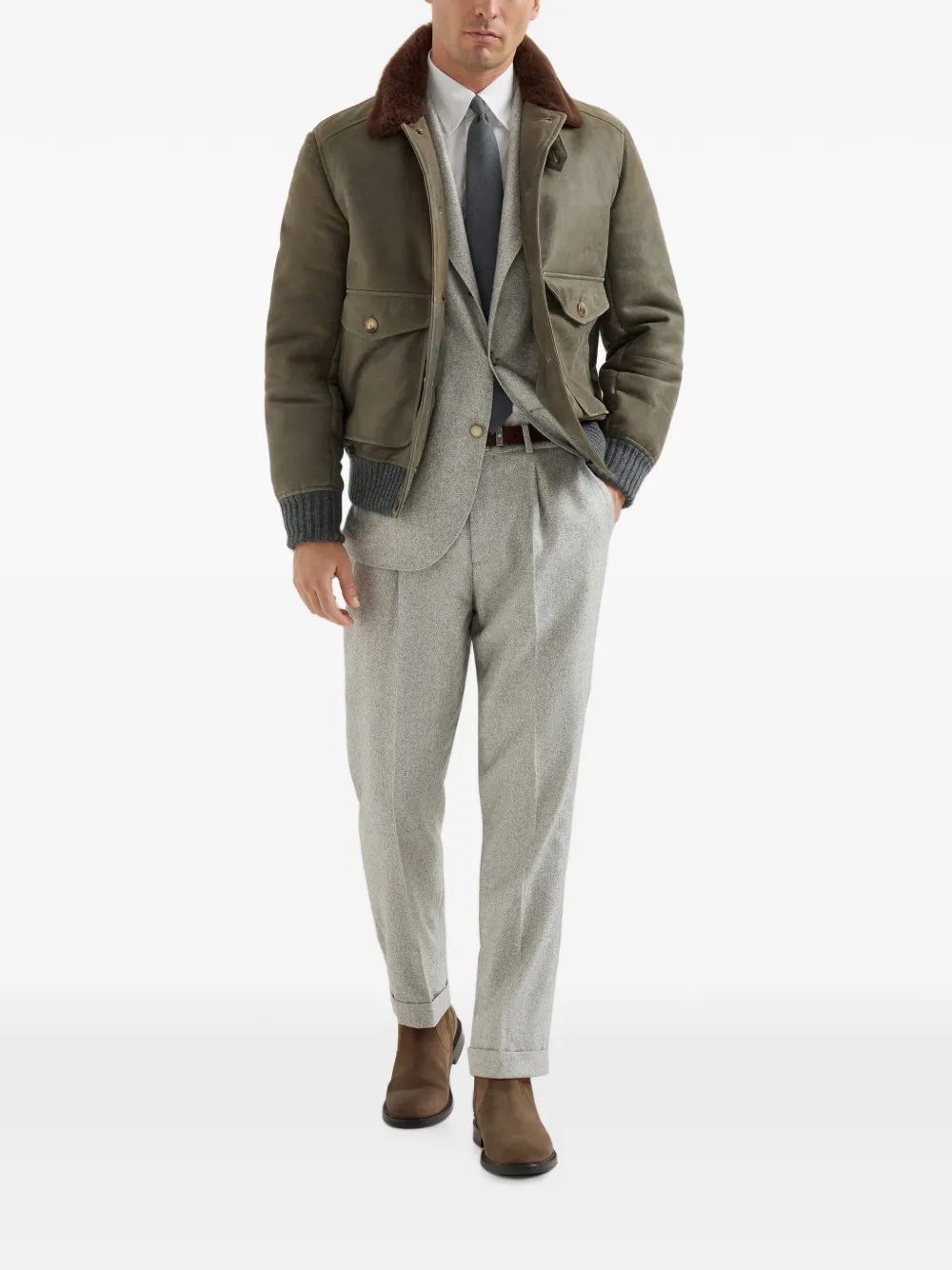 Brunello Cucinelli silk and cashmere cavalry tweed deconstructed blazer with large peak lapels Grijs