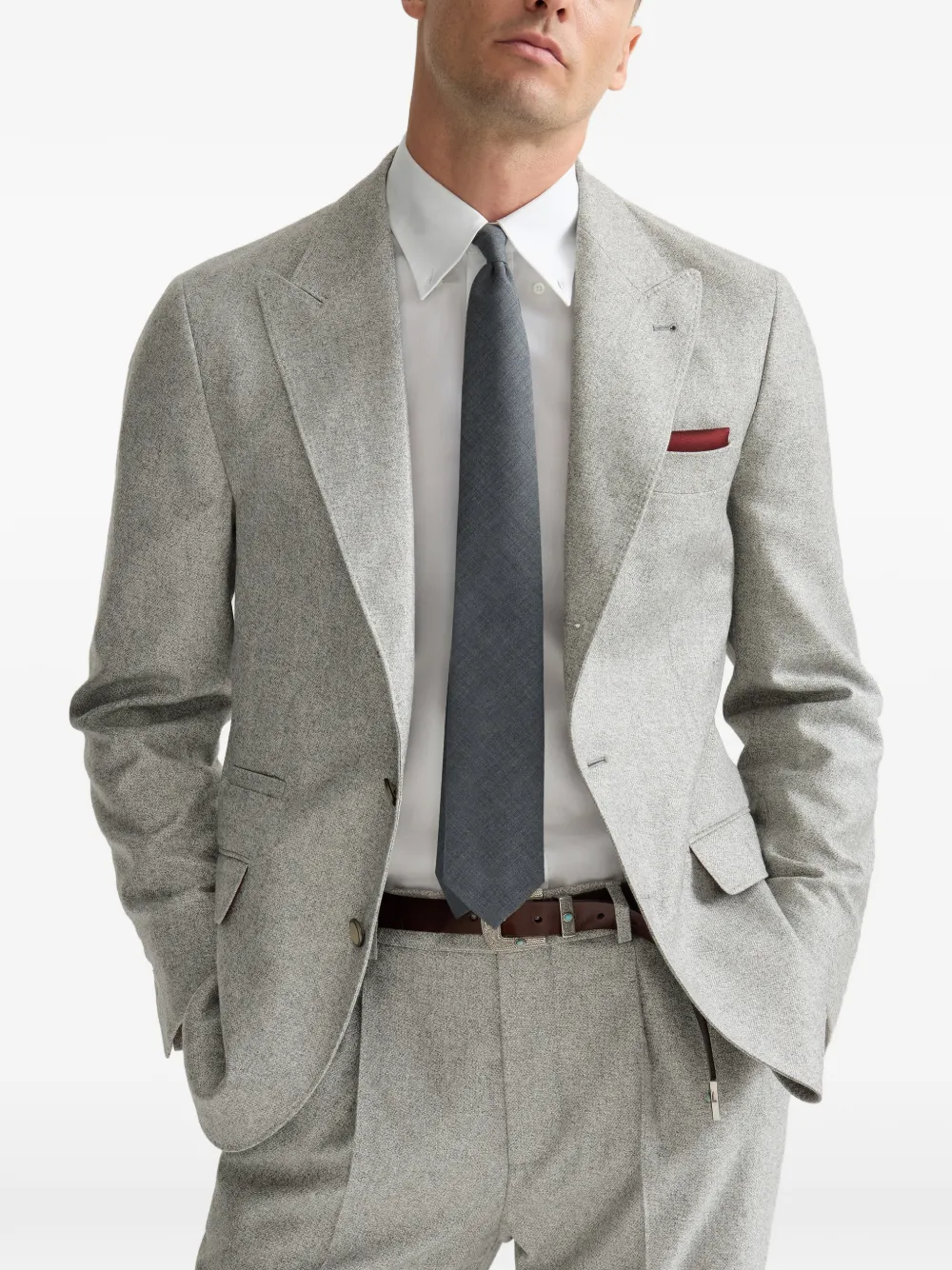 Brunello Cucinelli silk and cashmere cavalry tweed deconstructed blazer with large peak lapels Grijs