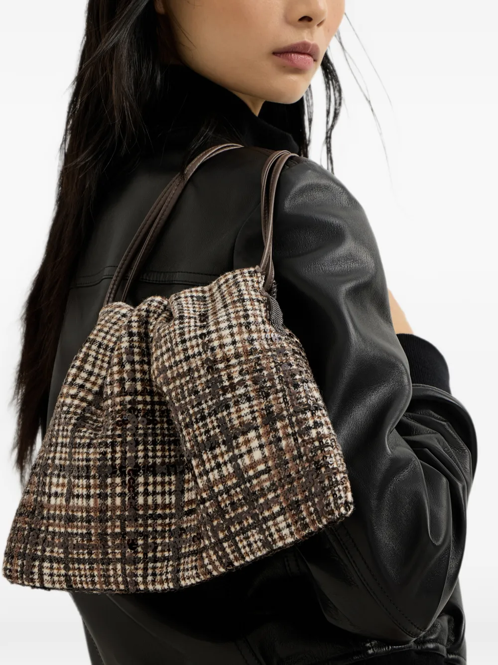 Brunello Cucinelli Waterbestendige geruite alpaca en wollen tas met degradé borduurwerk Bruin