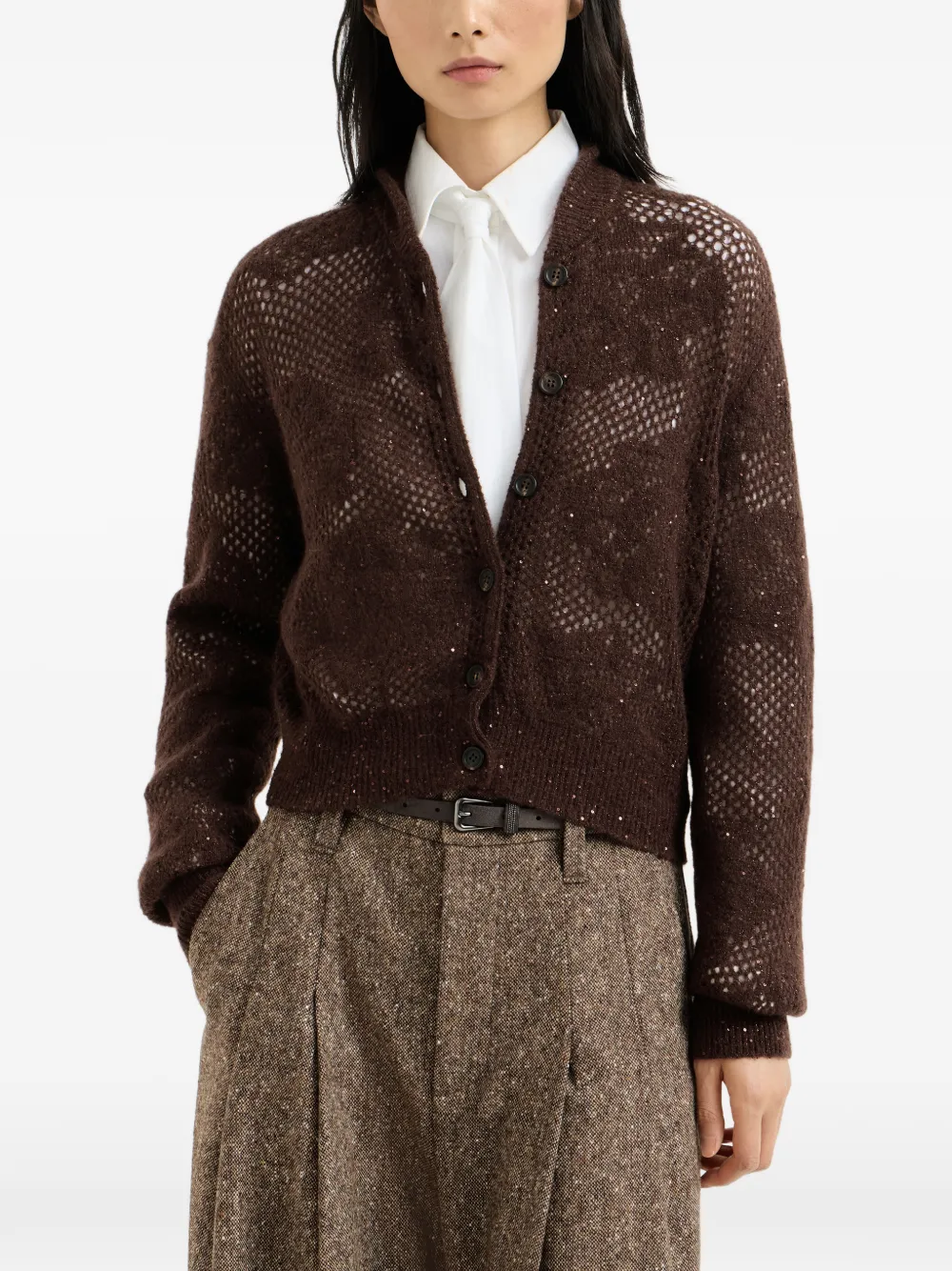 Brunello Cucinelli Vest van mohair en scheerwol met kanten bloemen Bruin