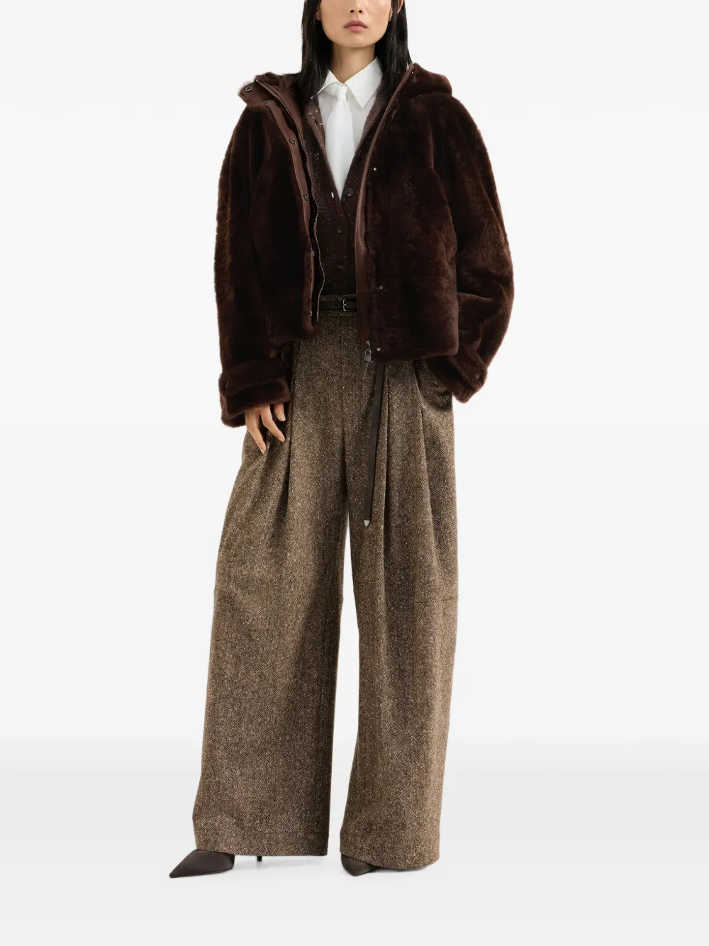 Brunello Cucinelli Vest van mohair en scheerwol met kanten bloemen Bruin