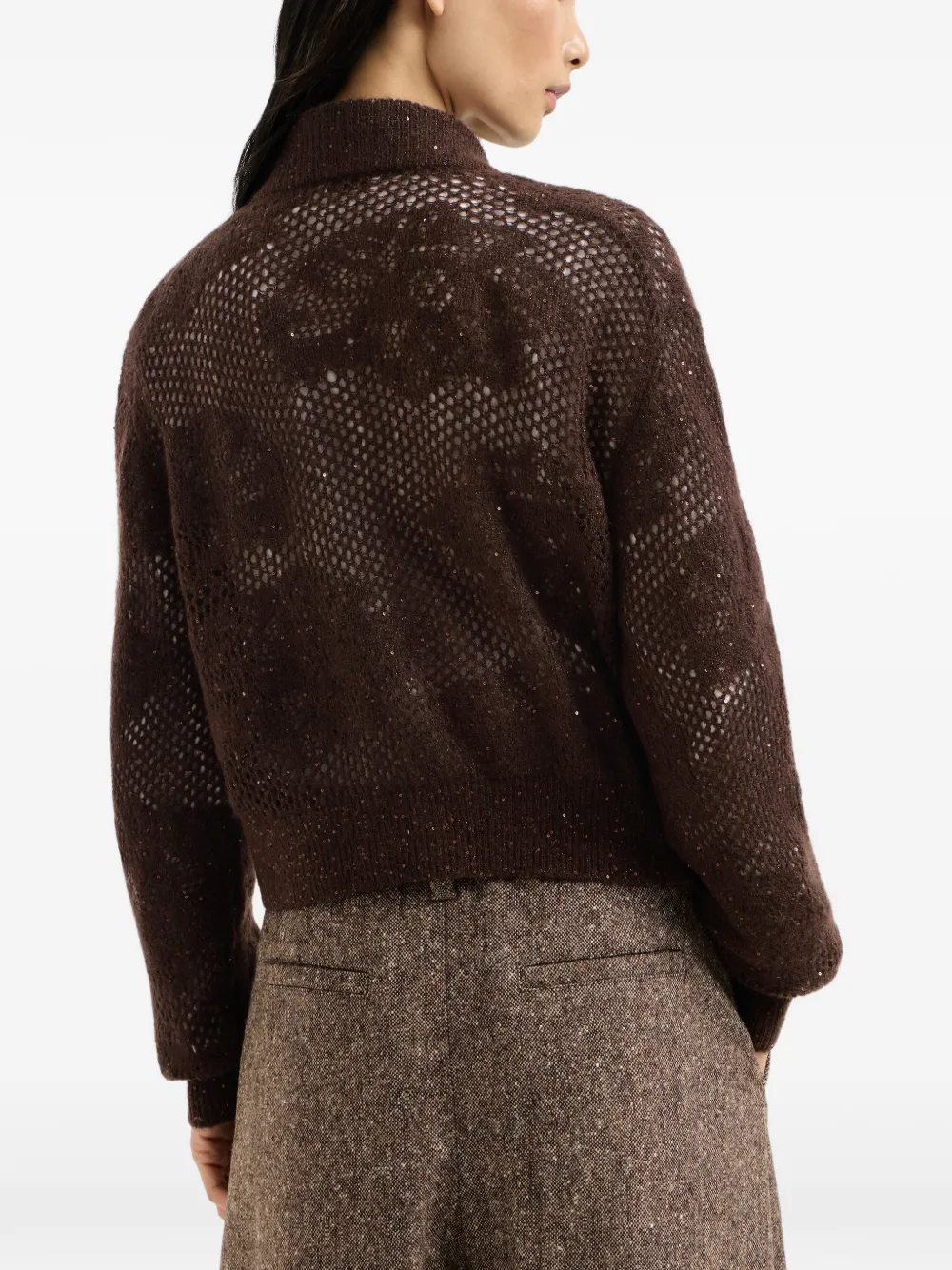 Brunello Cucinelli Vest van mohair en scheerwol met kanten bloemen Bruin