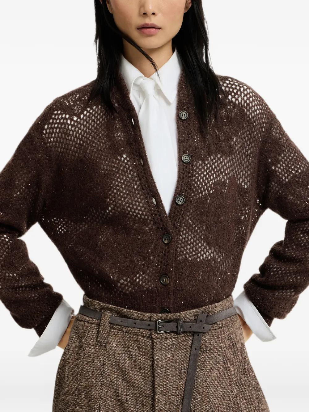 Brunello Cucinelli Vest van mohair en scheerwol met kanten bloemen Bruin