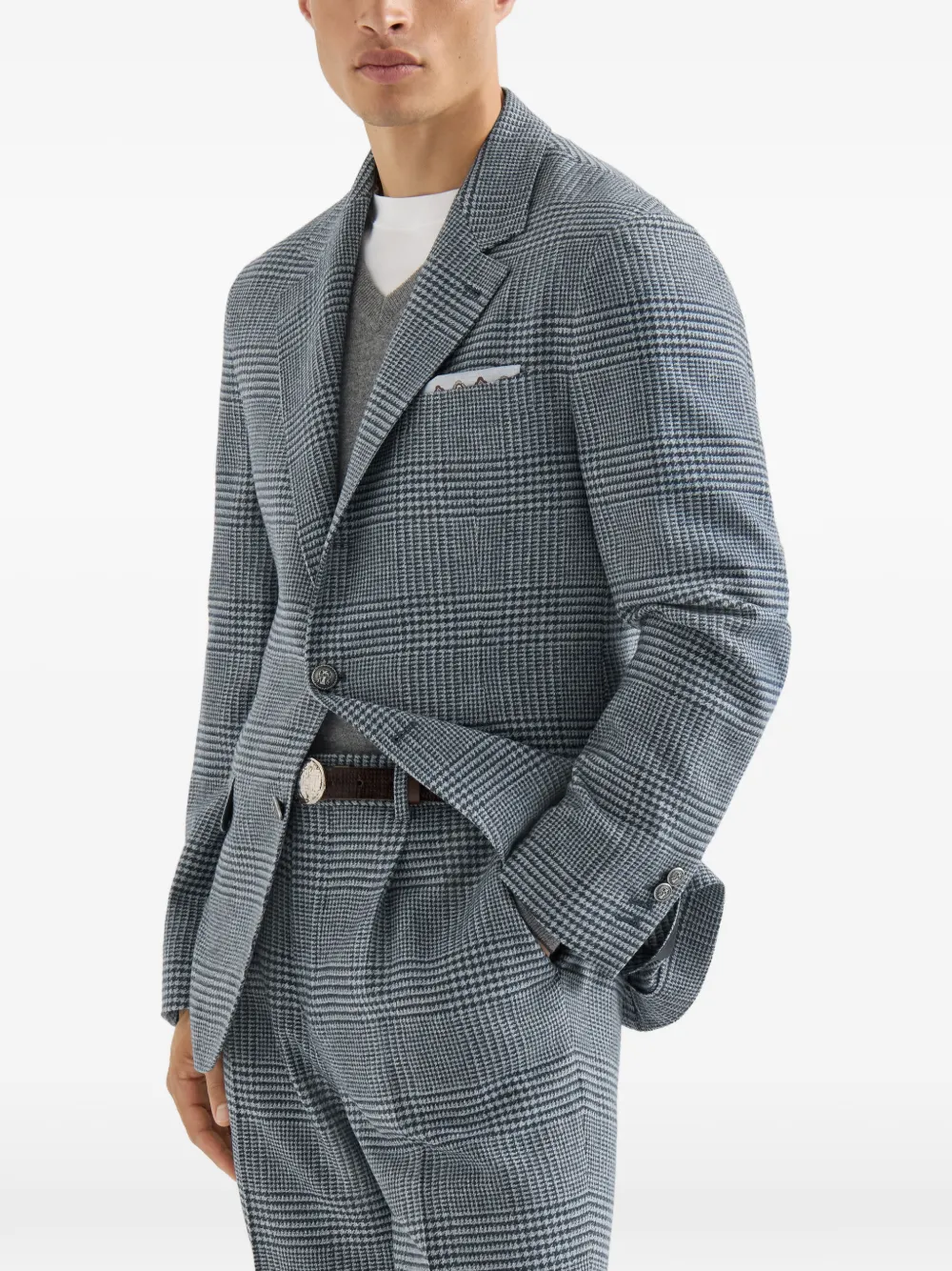Brunello Cucinelli Gedeconstrueerde Prince of Wales flanellen blazer van comfortwol en kasjmier met metalen knopen Blauw