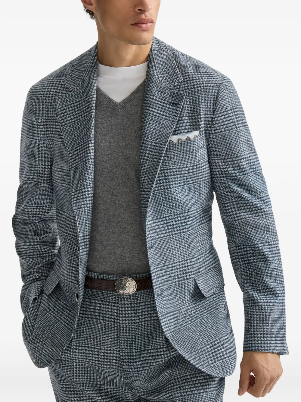 Brunello Cucinelli Gedeconstrueerde Prince of Wales flanellen blazer van comfortwol en kasjmier met metalen knopen Blauw