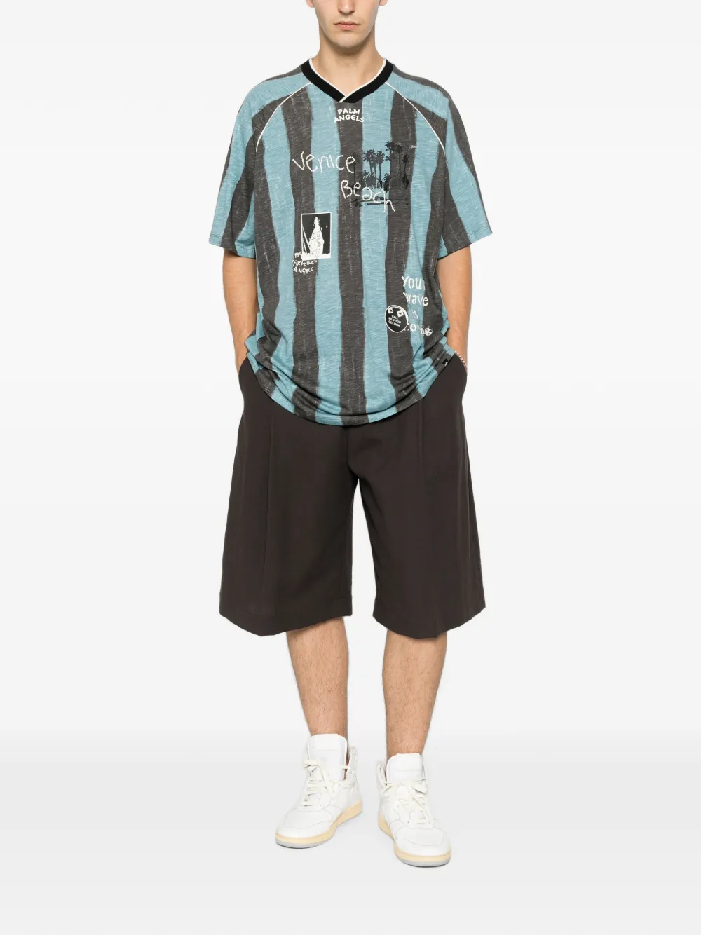 Palm Angels Gestreepte T-shirt met grafische print Blauw