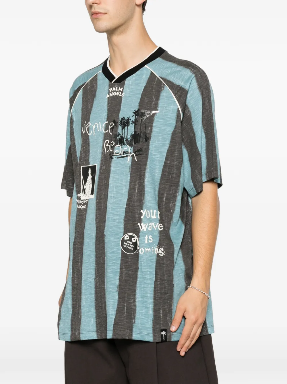Palm Angels Gestreepte T-shirt met grafische print Blauw