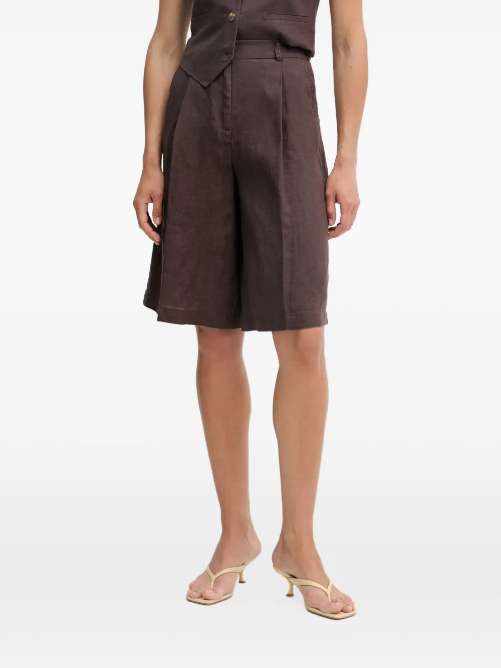 Benetton Pleated Linen Shorts In Brown