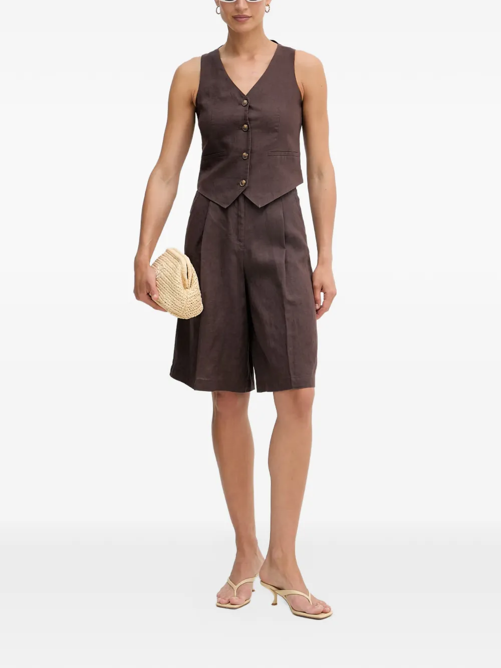 Benetton Geplooide linnen shorts Bruin