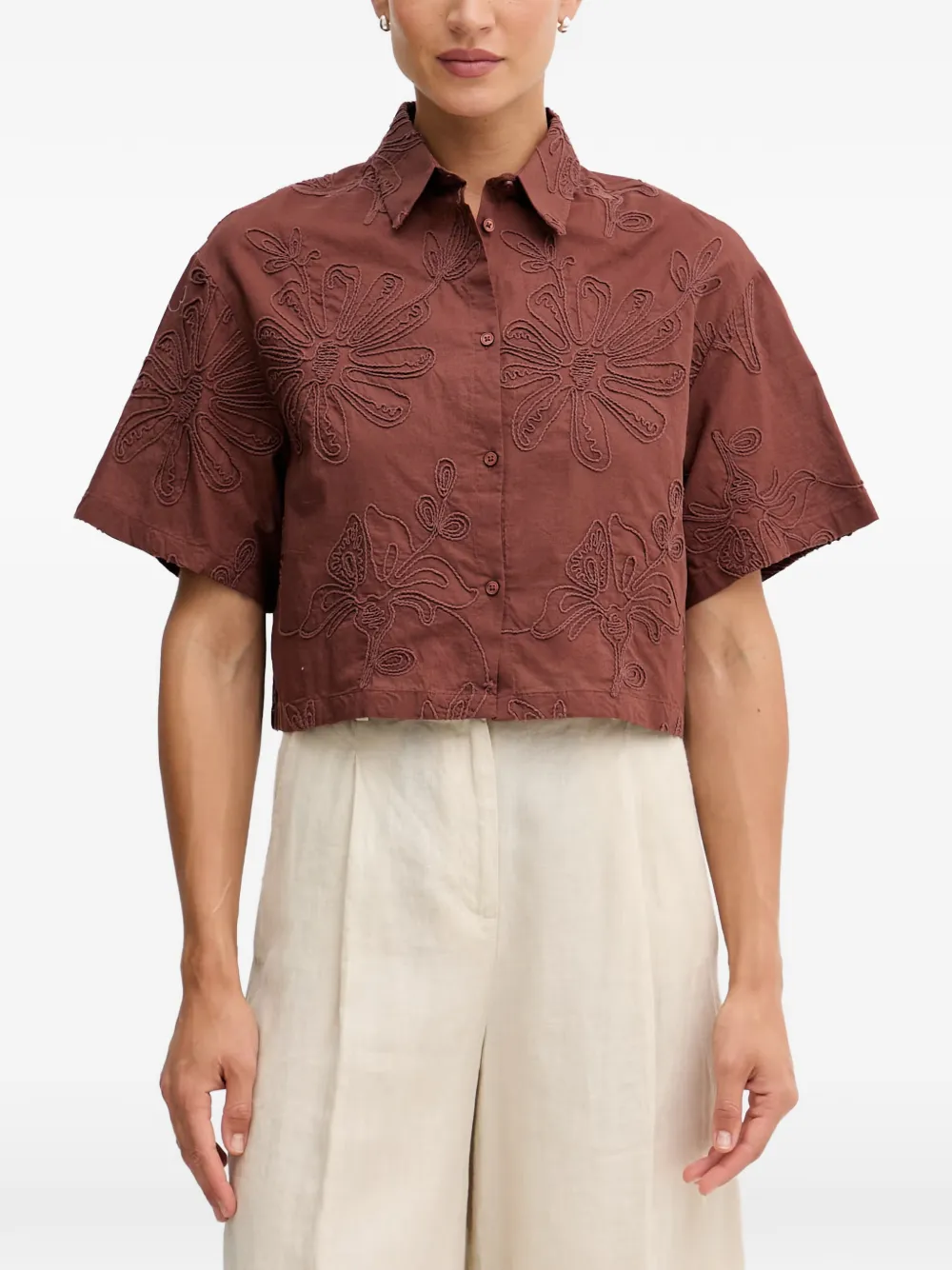 Benetton T-shirt crop con ricamo floreale - Marrone
