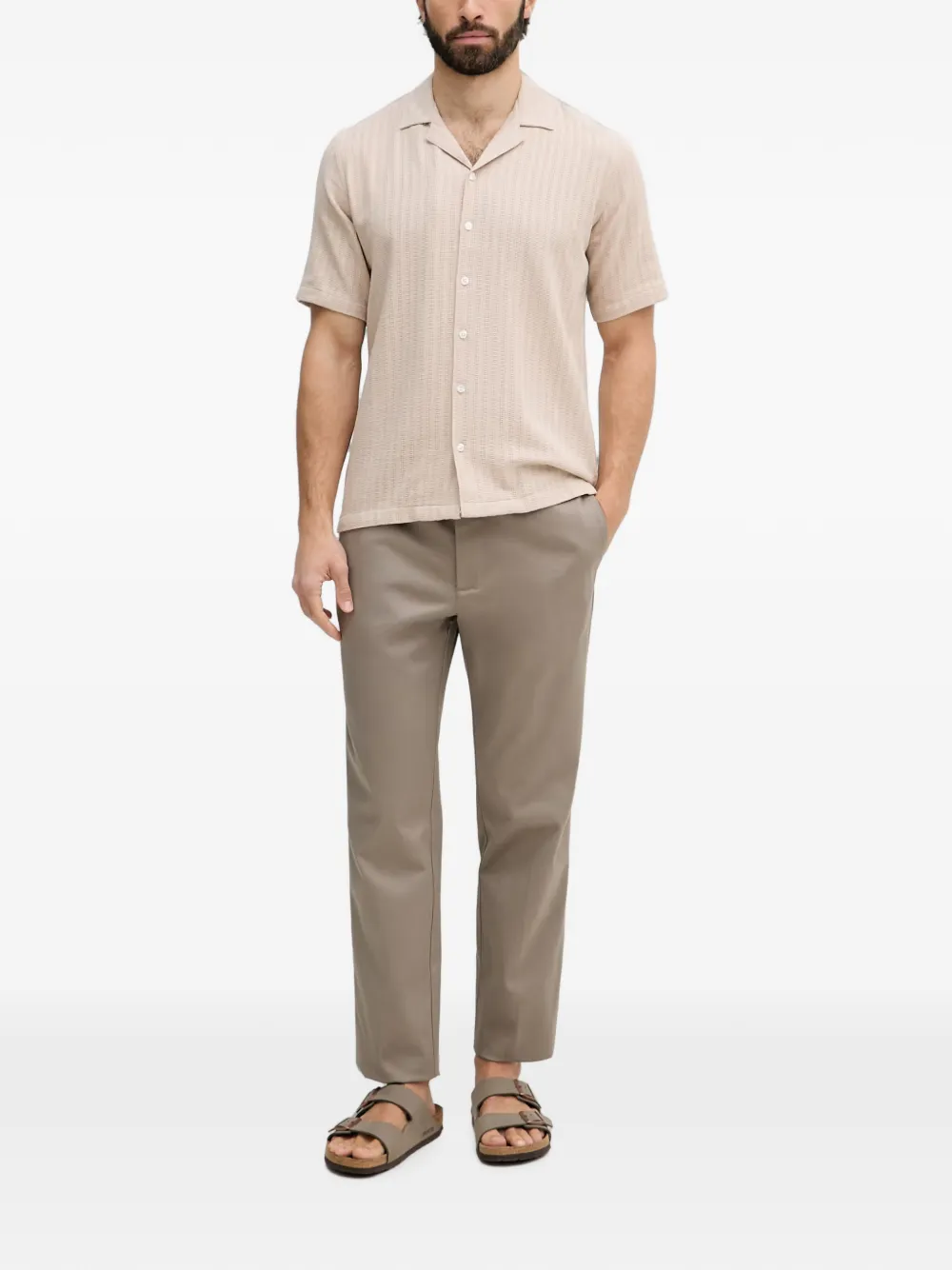 Mos Mosh MMGJoe Basso overhemd met verticale streep en korte mouwen Beige