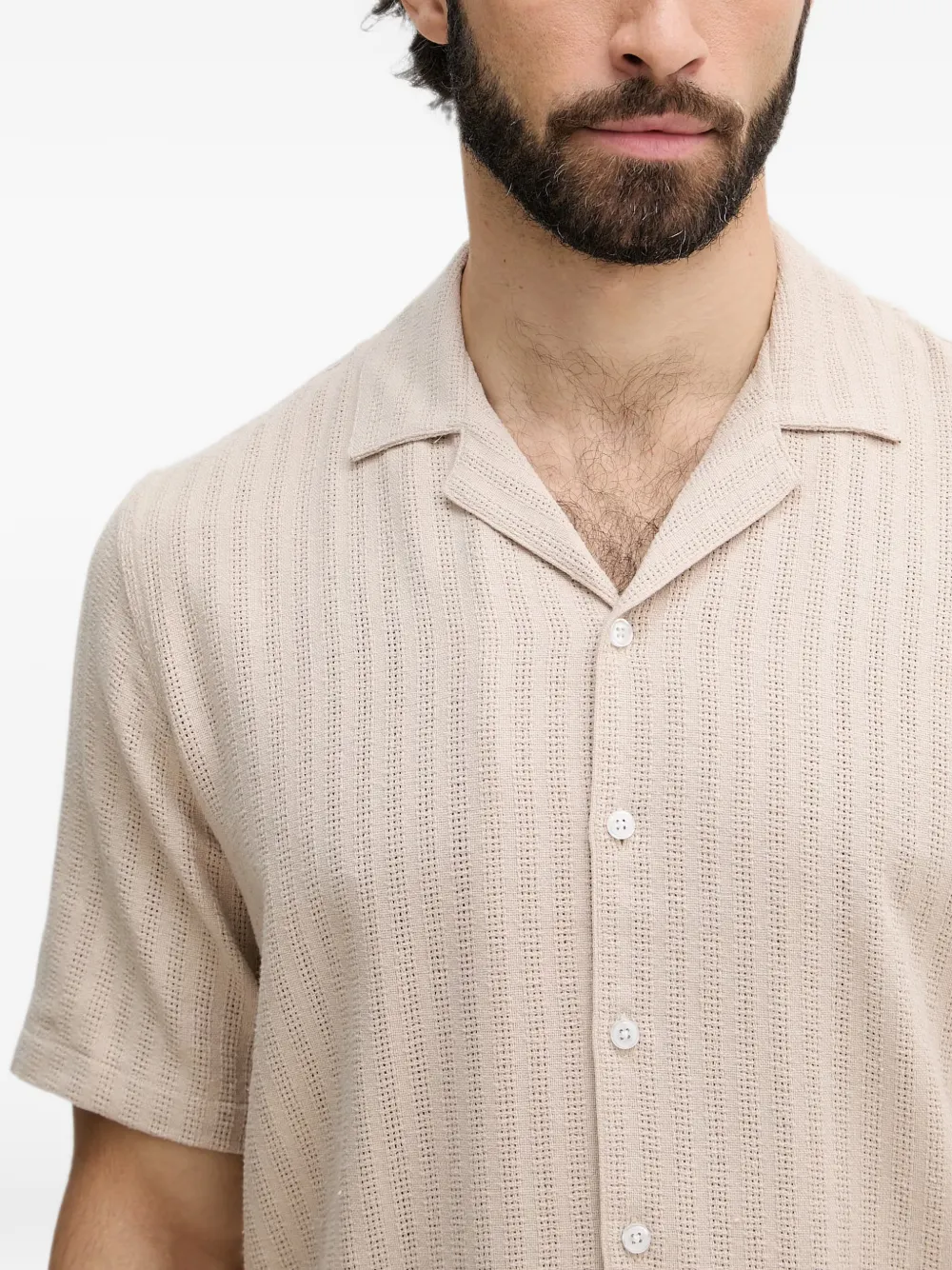 Mos Mosh MMGJoe Basso overhemd met verticale streep en korte mouwen Beige