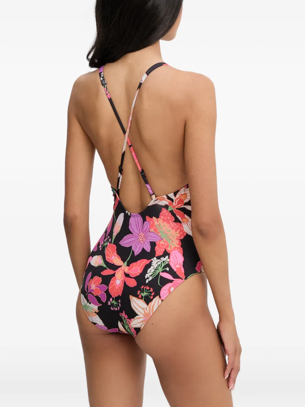 Nike Badpak met bloemenprint en gekruiste bandjes aan de achterkant Zwart