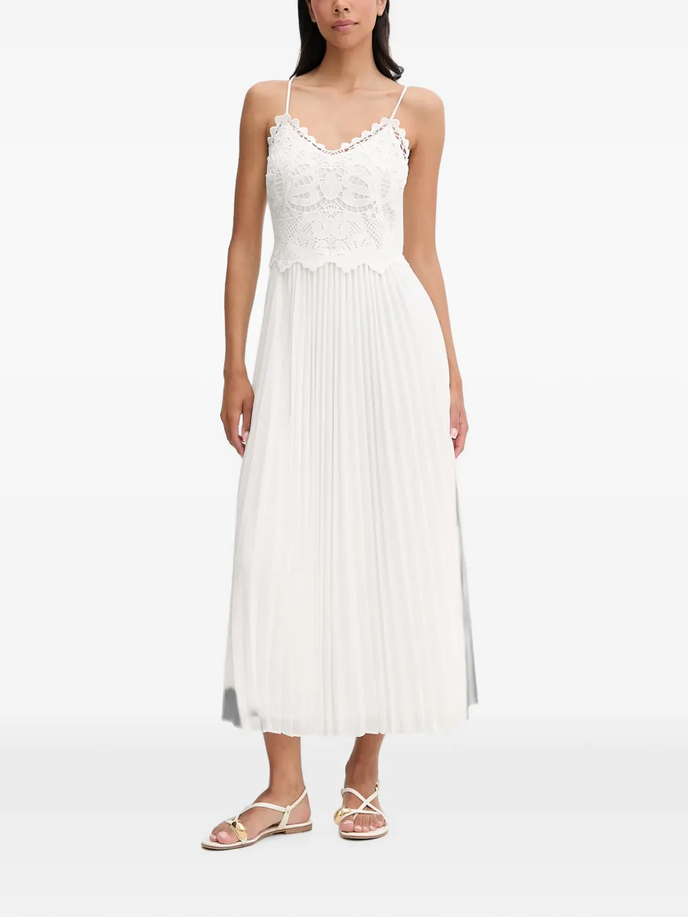 Morgan Guipure Lace Pleated Midi Dress In White