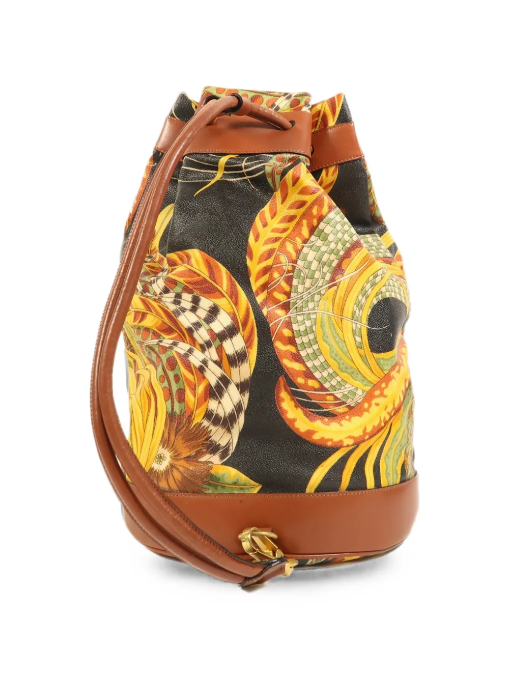 Ferragamo Pre-Owned leaf-print drawstring bucket bag - Nero