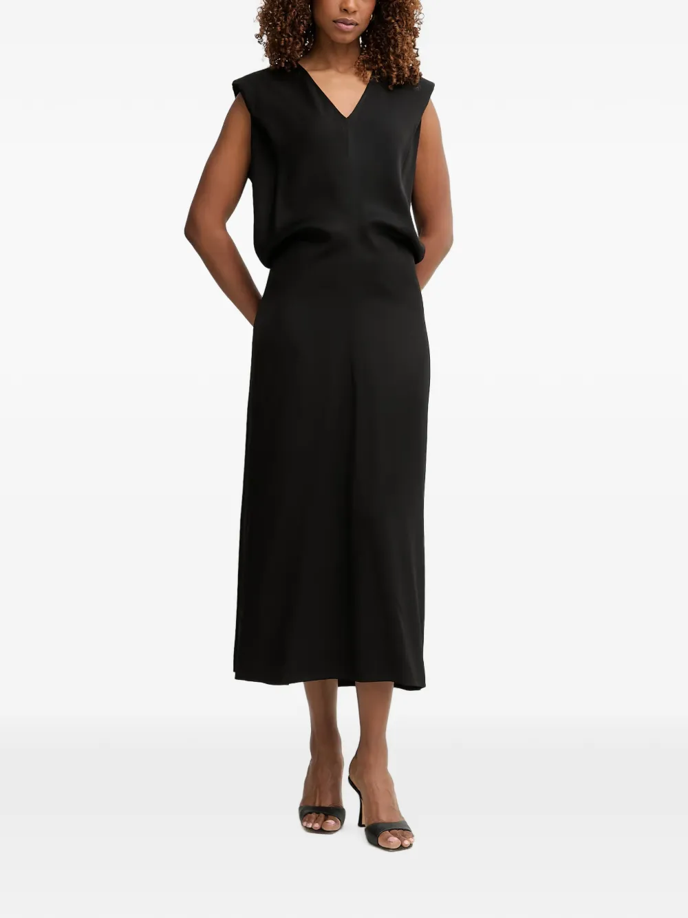 Trussardi padded-shoulder V-neck midi dress - Nero