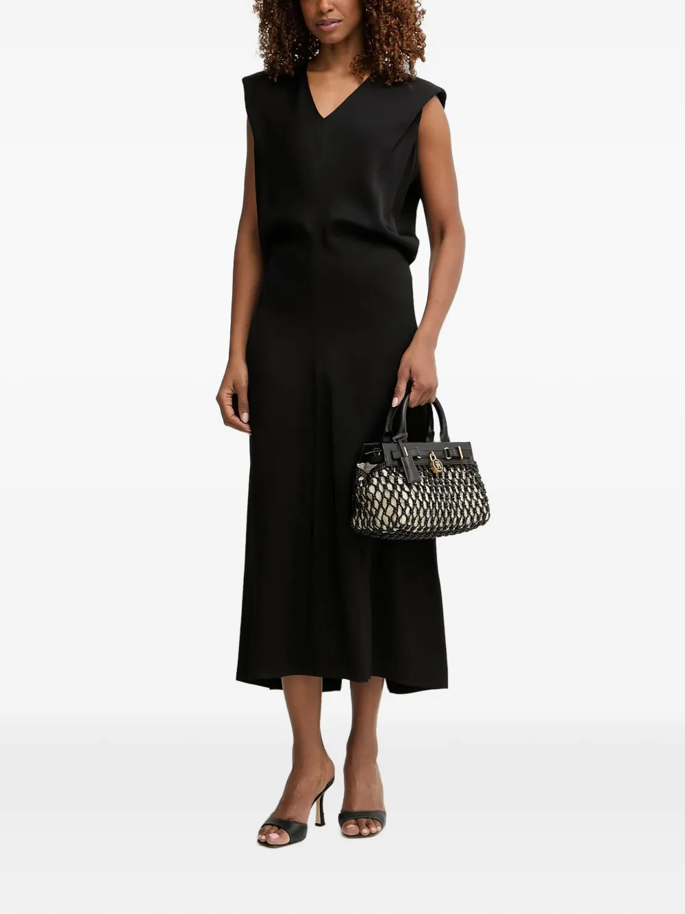 Trussardi Midi-jurk met V-hals en schoudervullingen Zwart