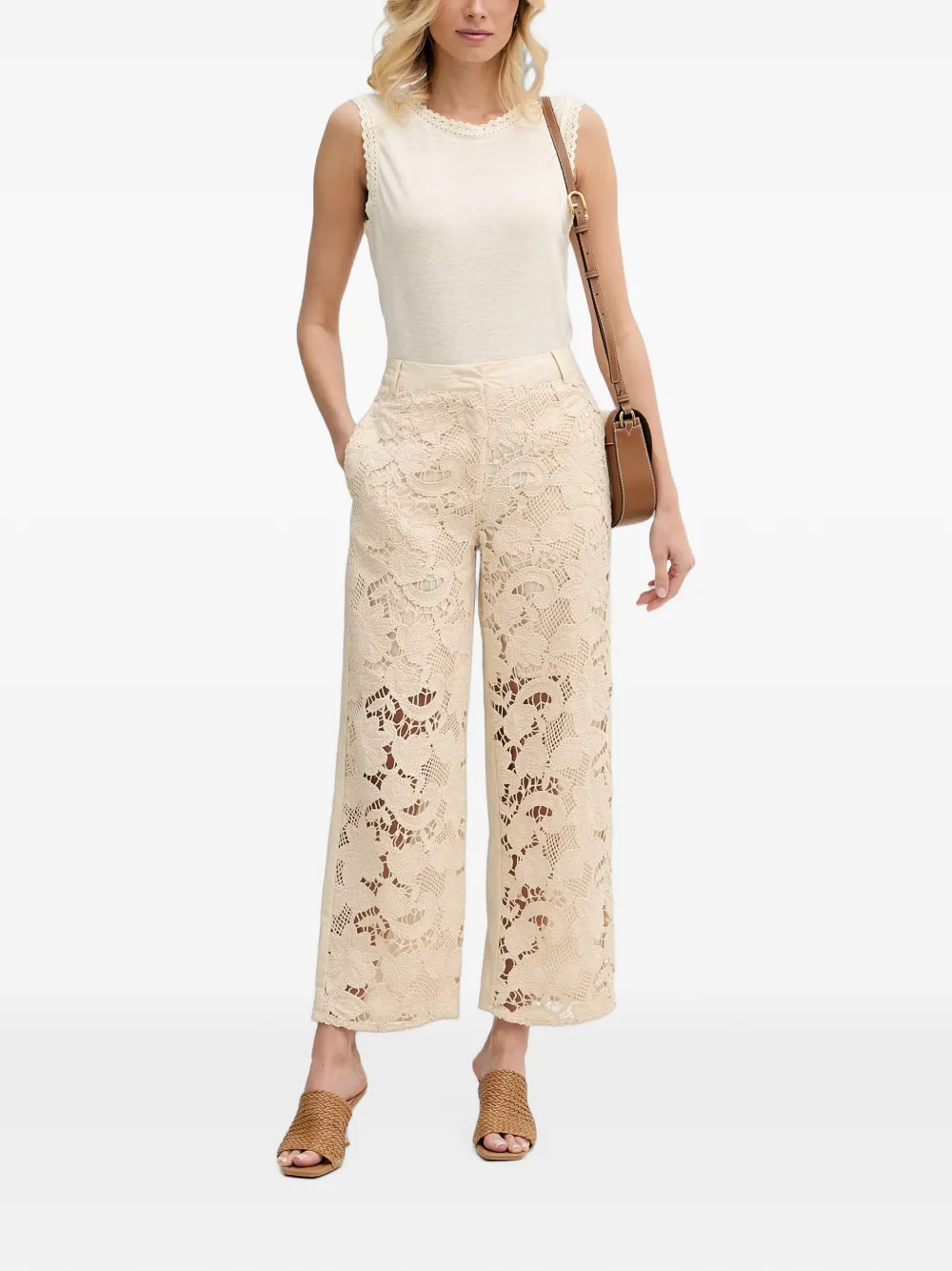 Sisley Cropped broek met guipure kant Beige