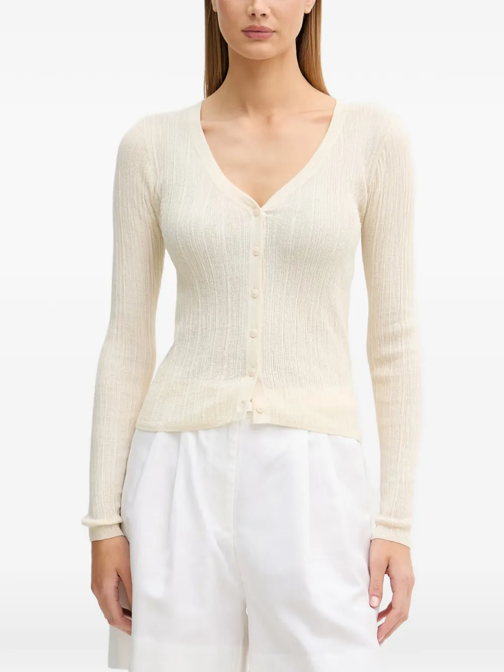 Sisley ribbed-knit V-neck cardigan - Bianco