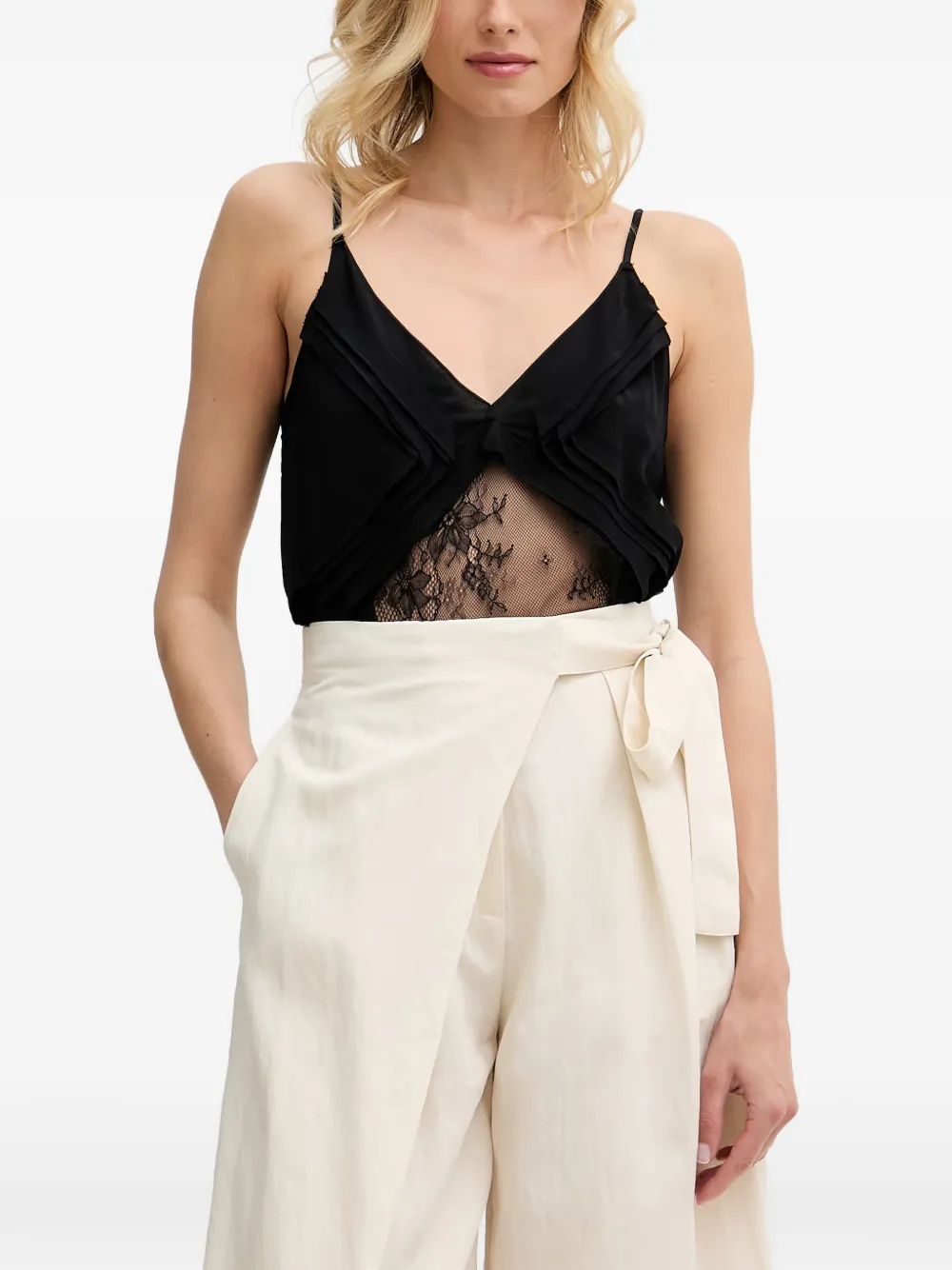 Sisley lace-panelled pleated camisole top - Nero
