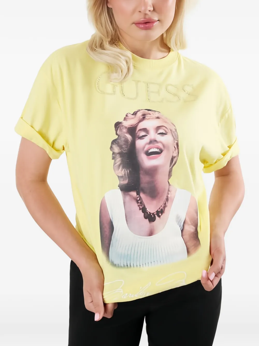 GUESS USA Marilyn Monroe T-shirt met print en verfraaid met stras Geel