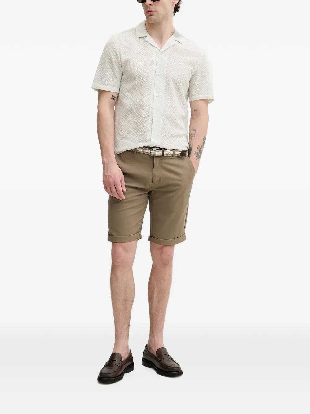 Lindbergh Overhemd met geometrisch kant en korte mouwen Beige