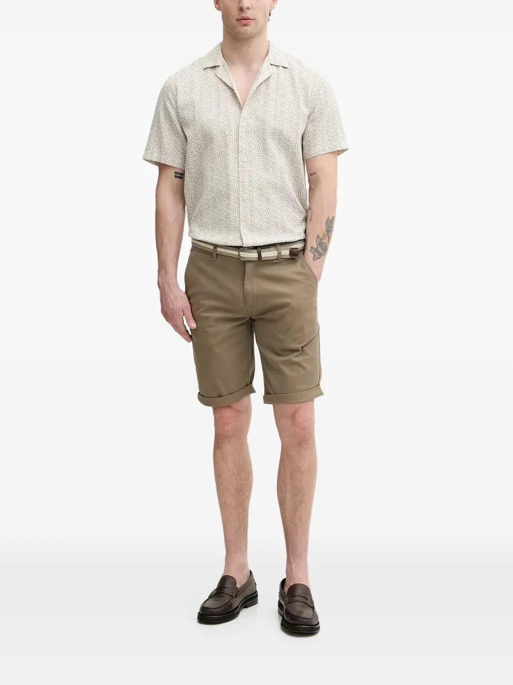 Lindbergh geometric-print camp-collar shirt Beige