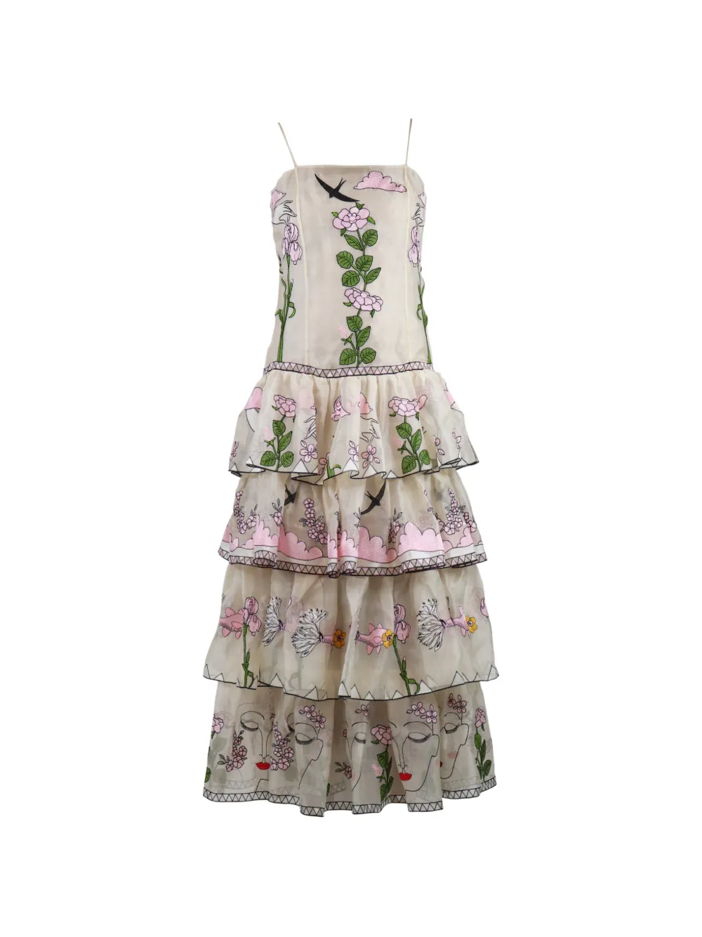 Vivetta floral-embroidered tiered midi dress - Neutrals