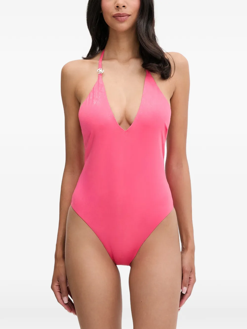 GUESS USA logo-plaque halterneck swimsuit - Rosa