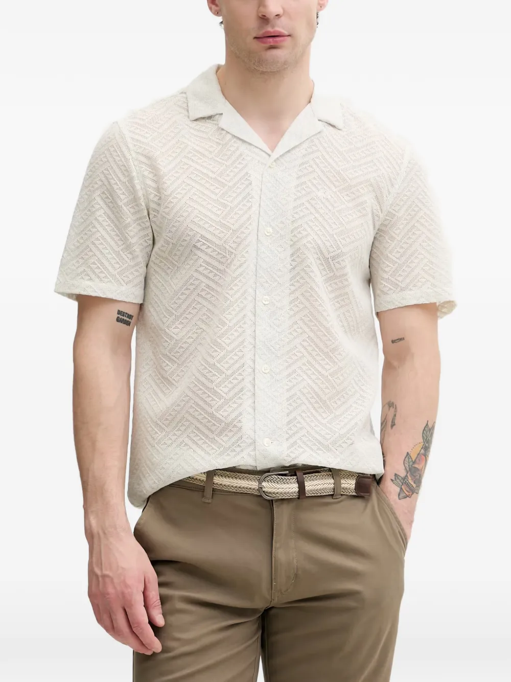 Lindbergh geometric-lace camp-collar shirt
