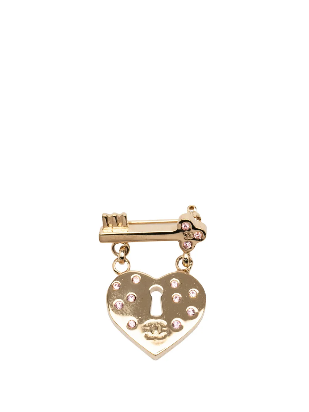 CHANEL Pre-Owned Spilla Heart Lock and Key CC placcata oro con strass 2002