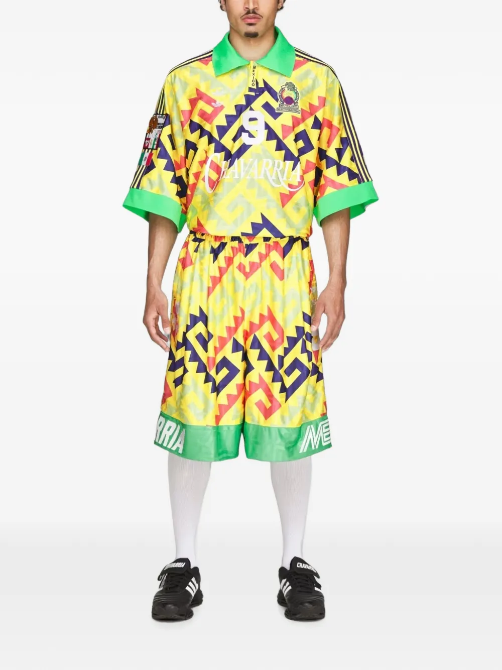 adidas x Willy Chavarria AOP goalkeeper geometric-print side-stripe shorts Geel