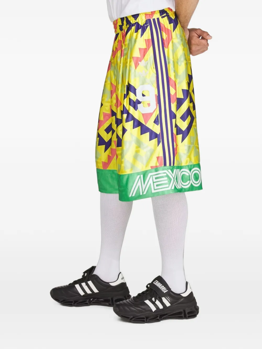 adidas x Willy Chavarria AOP goalkeeper geometric-print side-stripe shorts Geel