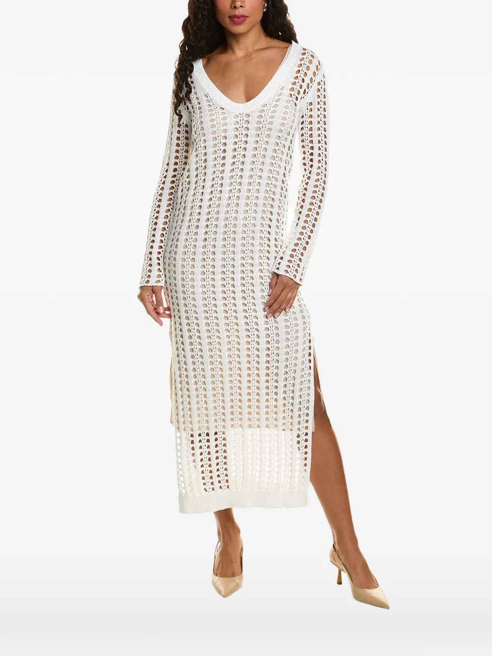 Brunello Cucinelli open-knit side-slit midi dress - Bianco